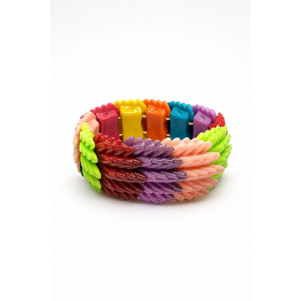 ACRYLIC STRETCH BRACELET Rainbow Leaf Feather Chunky Colorful Statement